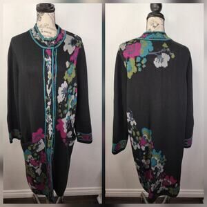 J. JILL Tapestry Knit Cardigan Womens Sz Large Long Duster Artsy Black Floral